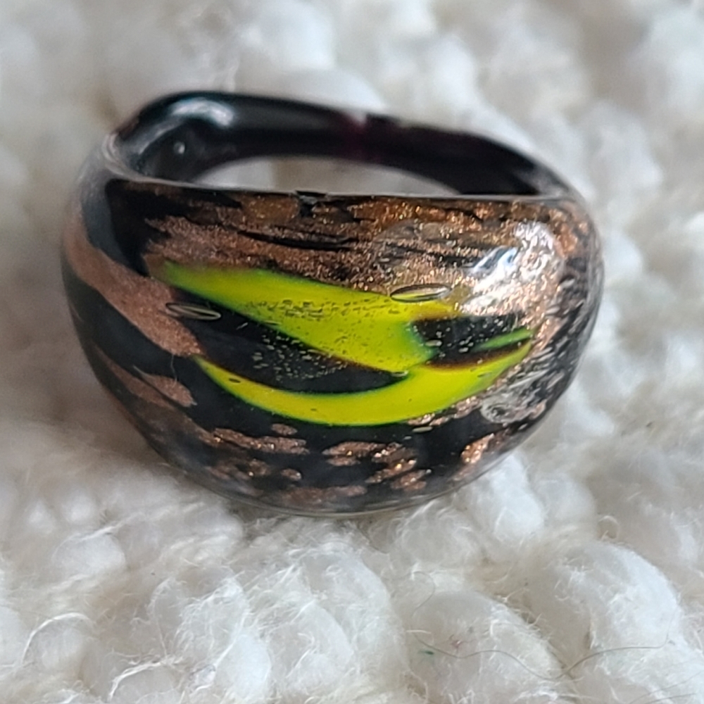 Dichroic Glass Ring. Murano Style, Black and Gold, Size 6.75